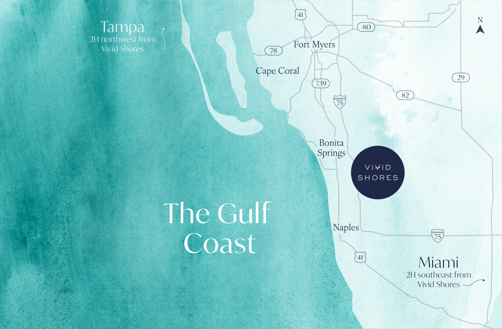 graphical watercolor map of Southwest Florida and The Gulf Coast, showing the locations of Vivid Shores, Bonita Springs, Cape Coral, Fort Myers, and Naples, with Tampa appearing off screen 2 hours to the north and Miami off screen 2 hours to the east