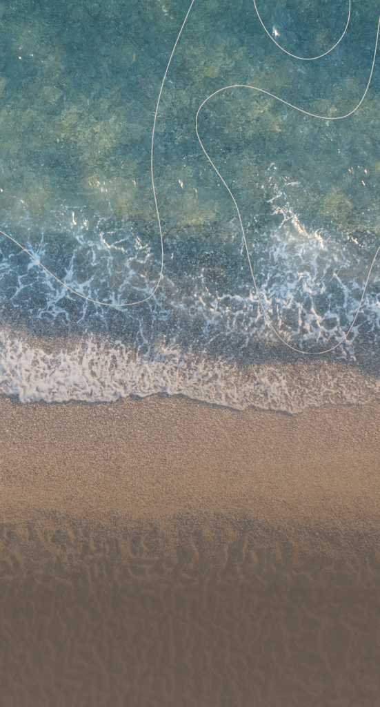 birds-eye view of blue-green water meeting a sandy shoreline