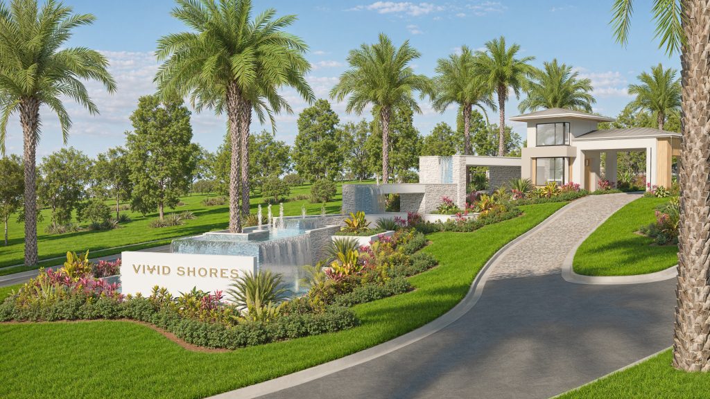 landscaped monument sign for vivid shores with waterfalls leading up to the front gate