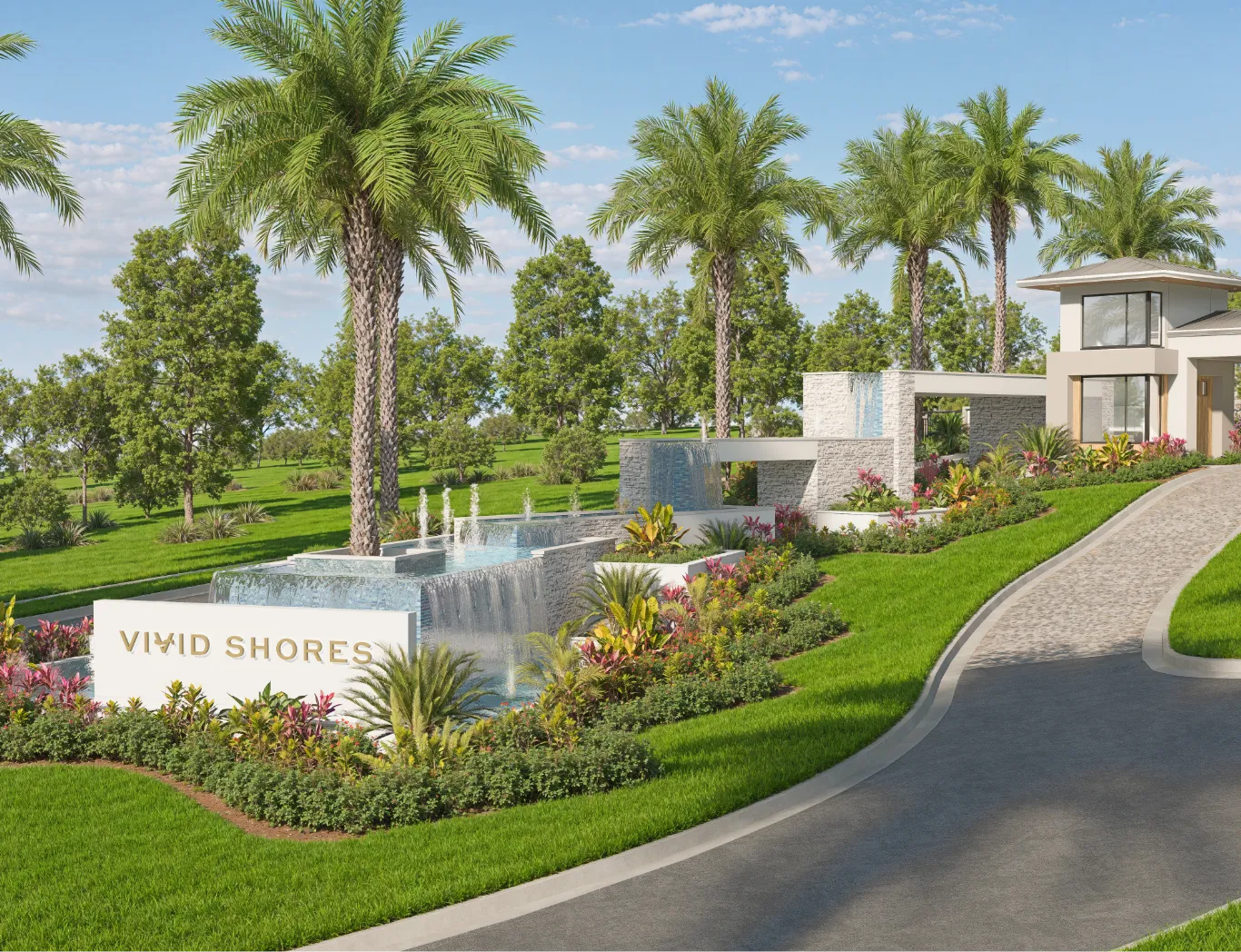 landscaped monument sign for vivid shores with waterfalls leading up to the front gate
