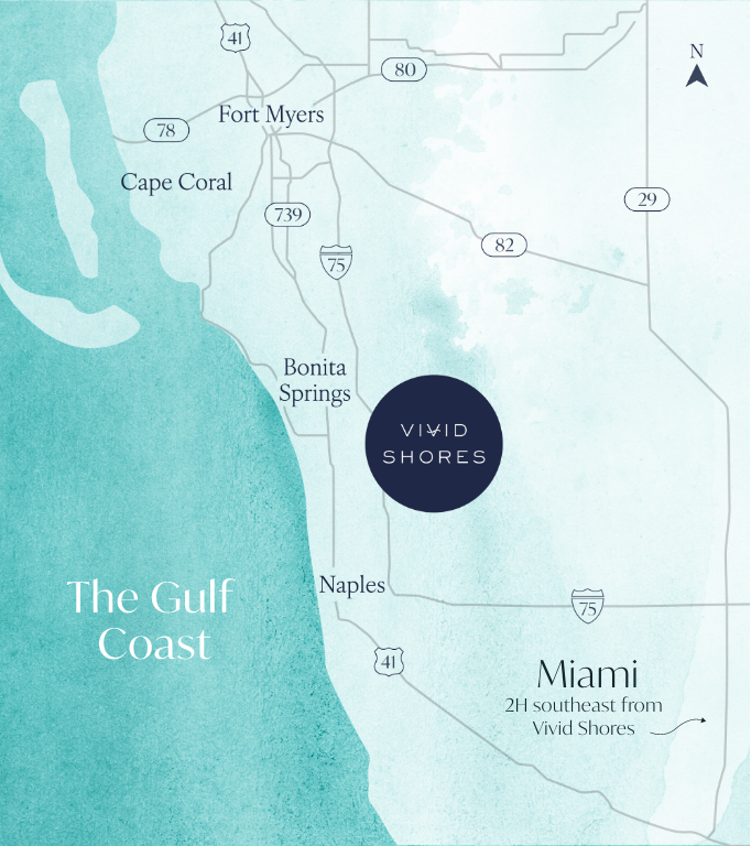a map of the gulf coast surrounding vivid shores, fort myers, cape coral, bonia springs, naples, and miami