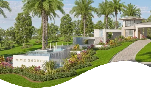 landscaped monument sign for vivid shores with waterfalls leading up to the front gate