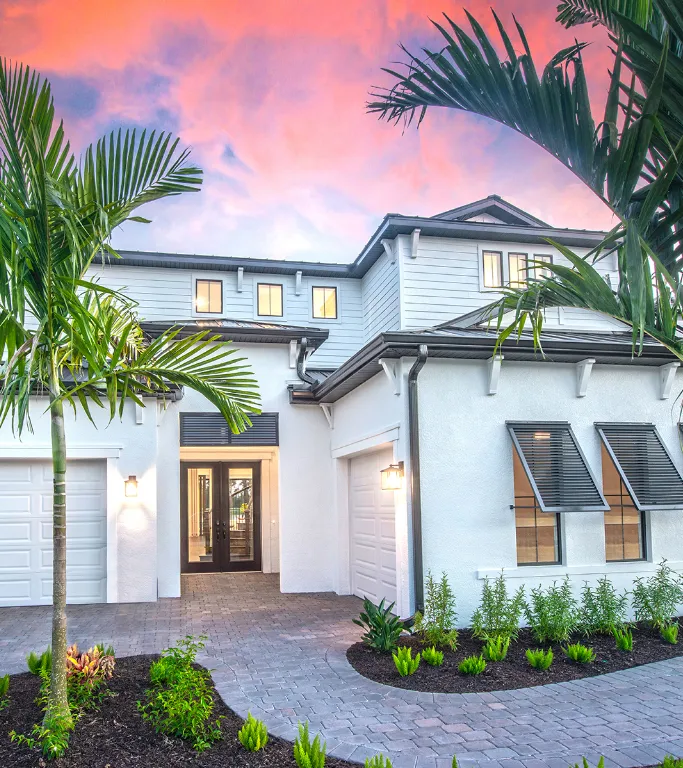 photo of a Pulte home with landscaping at sunset in Sanibel