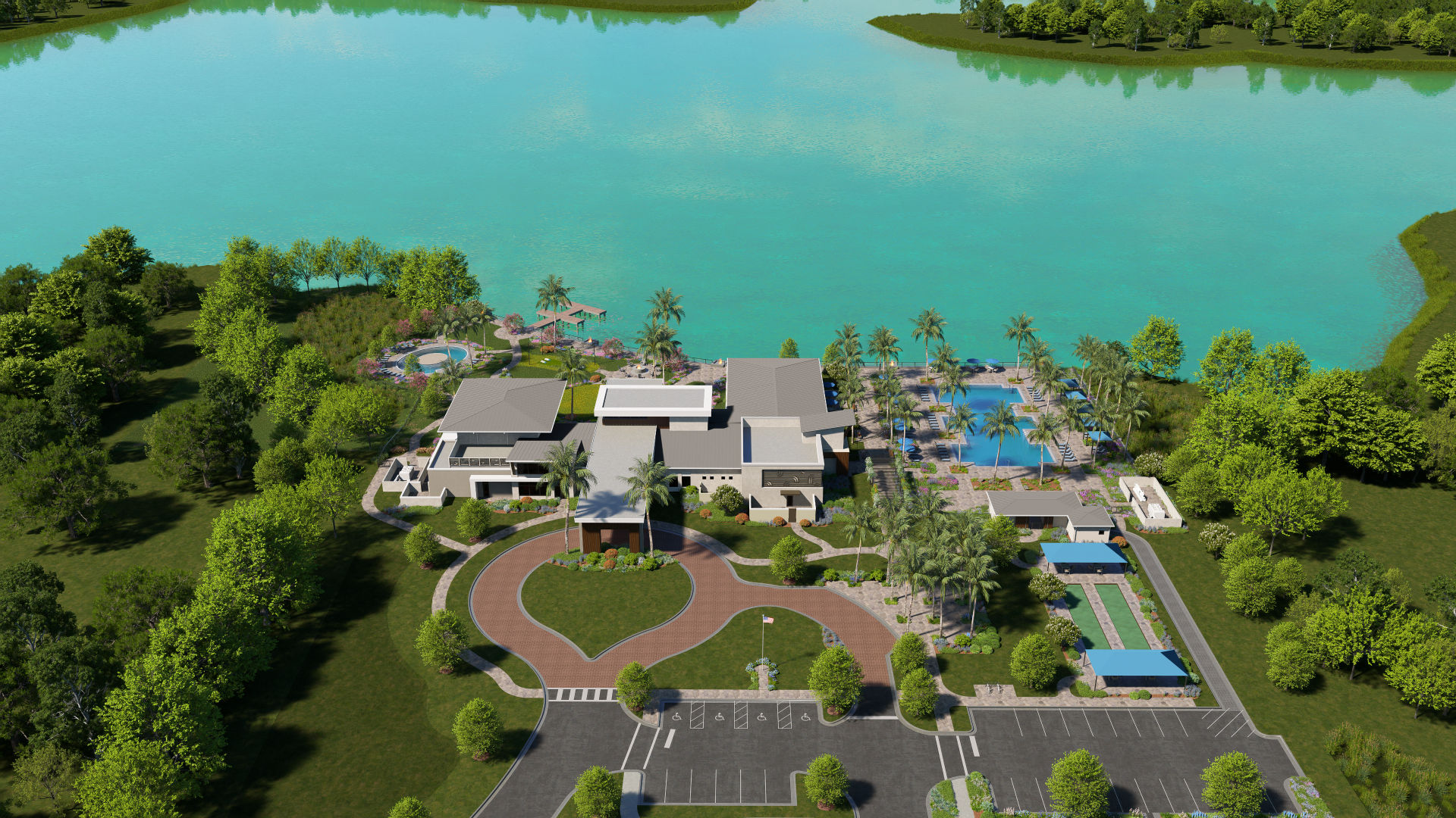 vivid shores amenity campus overlooking a large serene lake