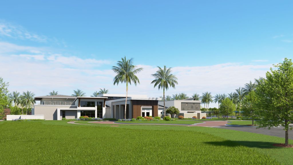 building of community center with attached fitness center and restaurant