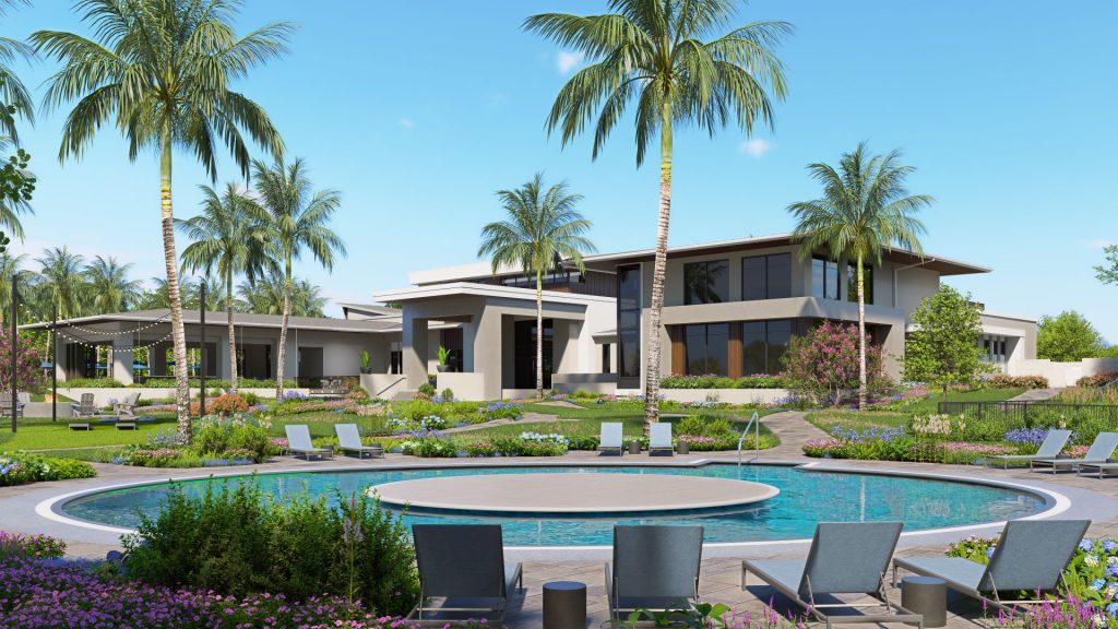 resistance pool surrounded by palm trees and landscaping on amenitiy campus at vivid shores