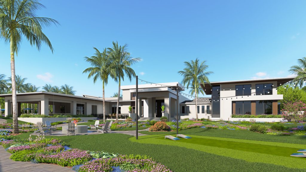 firepit and game lawn in front of the community center at vivid shores in Bonita Springs