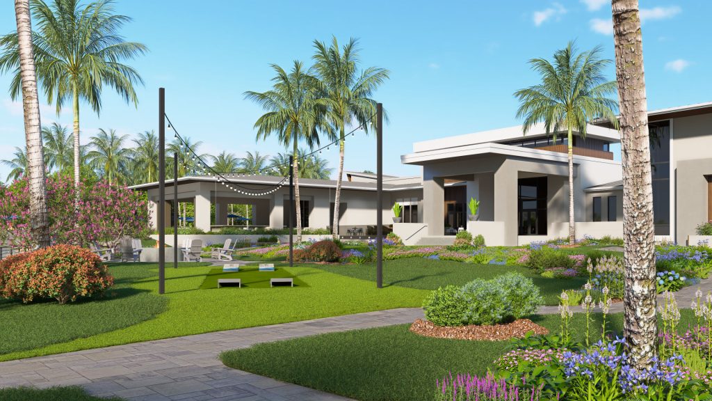 lawn games under string lights outside of the community center