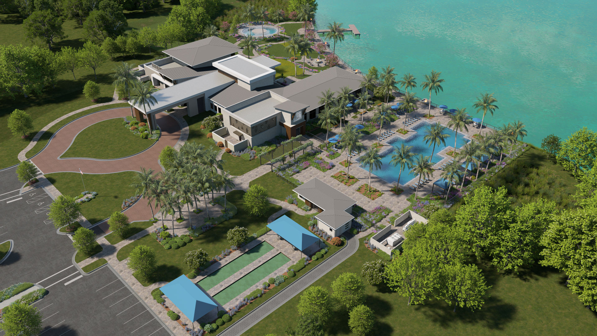 vivid shores amenity campus overlooking a large serene lake