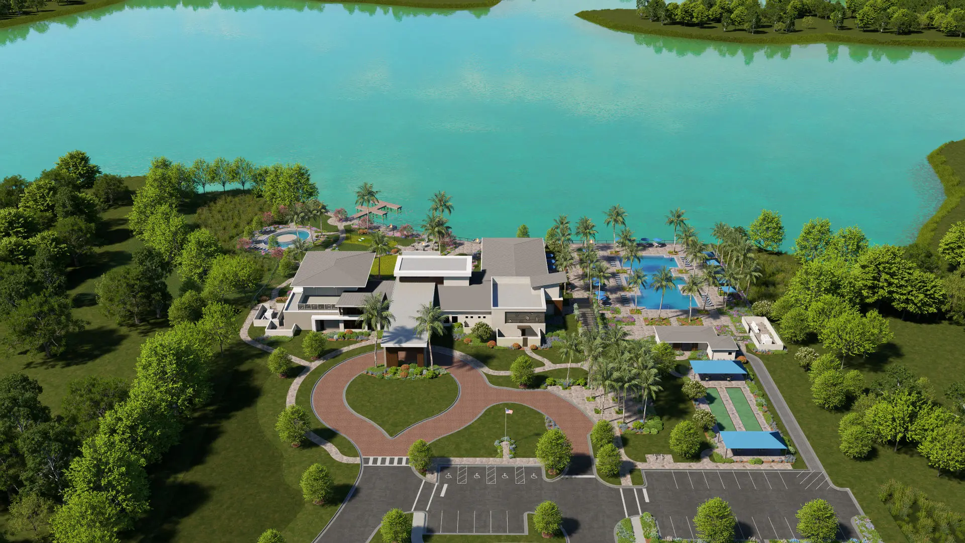vivid shores amenity campus overlooking a large serene lake